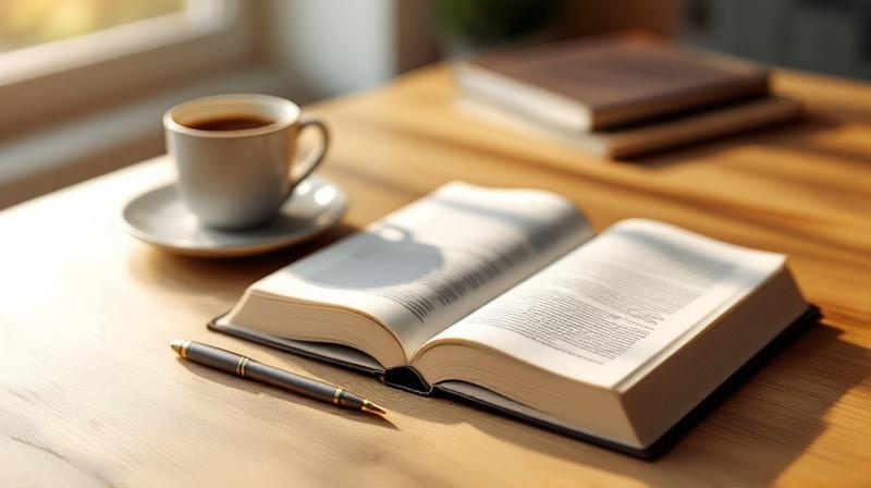 Aufgeschlagener Gesetzestext auf einem Holztisch, daneben eine Tasse Kaffee und ein Stift