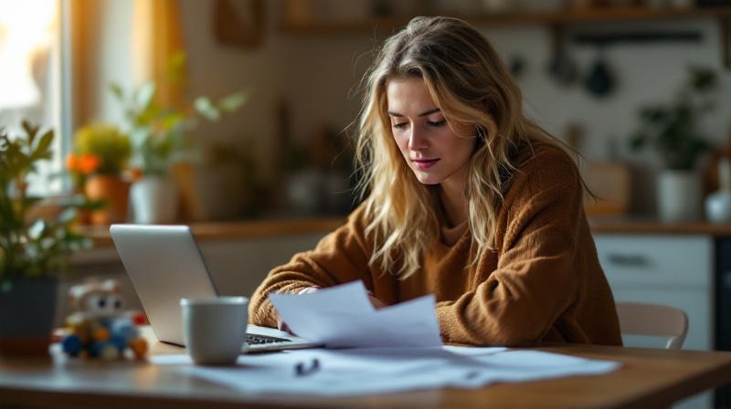 Alleinerziehende Mutter am Küchentisch mit Laptop und Antragsformularen