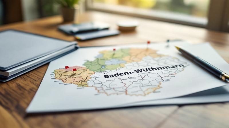 Baden-Württemberg Karte mit den vier Regierungsbezirken, Mappe und Stift im Vordergrund