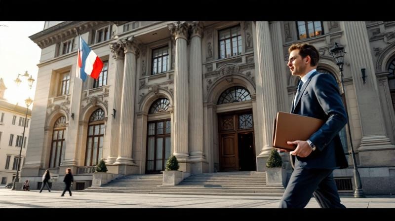 Verwaltungsgebäude in München mit bayerischer Flagge, Passant mit Aktenordner im Vordergrund