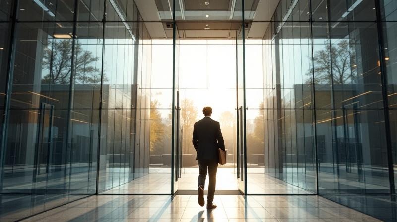 Modernes Bürogebäude in Berlin mit Fenstern, Person mit Aktenordner im Vordergrund