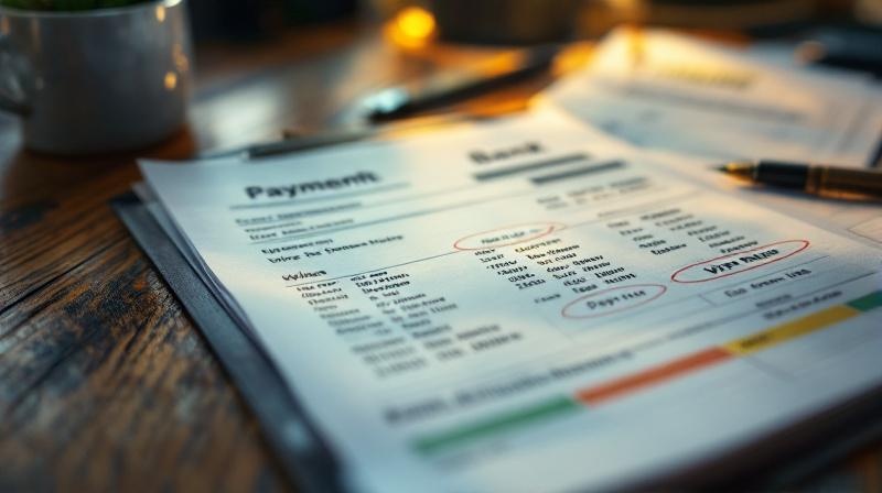 Überweisungsbeleg und Bankauszug neben einem Kalender, markierte Zahltermine