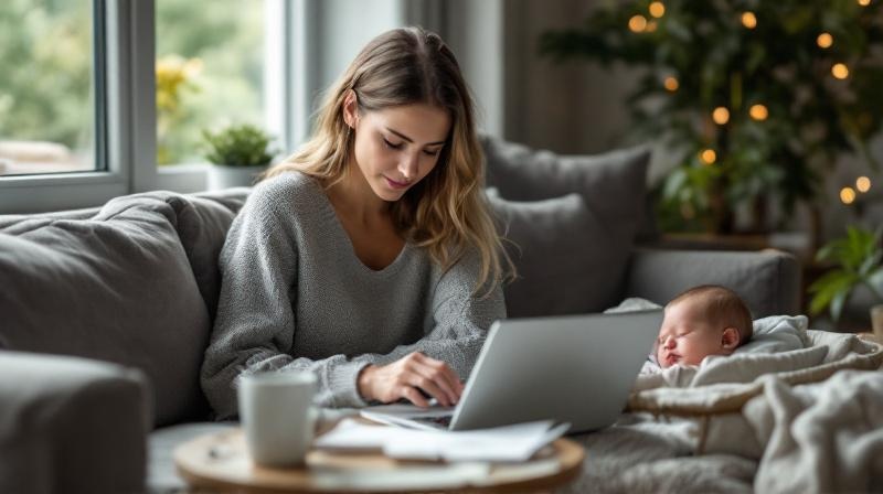 Mutter in Elternzeit am Laptop mit AFBG-Antragsformularen, Kind spielt im Hintergrund