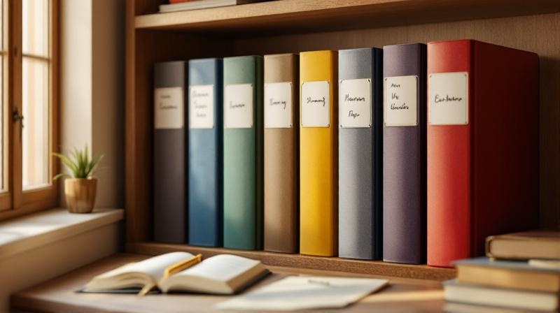 Ordnerreihe in einem hellen Regal mit Beschriftungen zu verschiedenen Aufstiegsfortbildungen