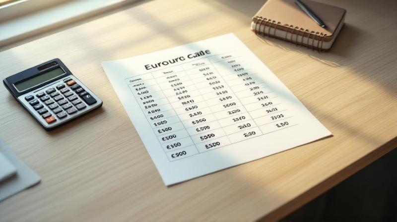 Übersichtstabelle mit Euro-Beträgen neben einem Taschenrechner und einem Notizbuch auf hellem Holztisch