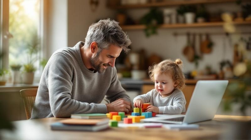 Elternteil mit Kind und Lehrbuch in der Küche, Hausaufgaben und Weiterbildungsunterlagen nebeneinander