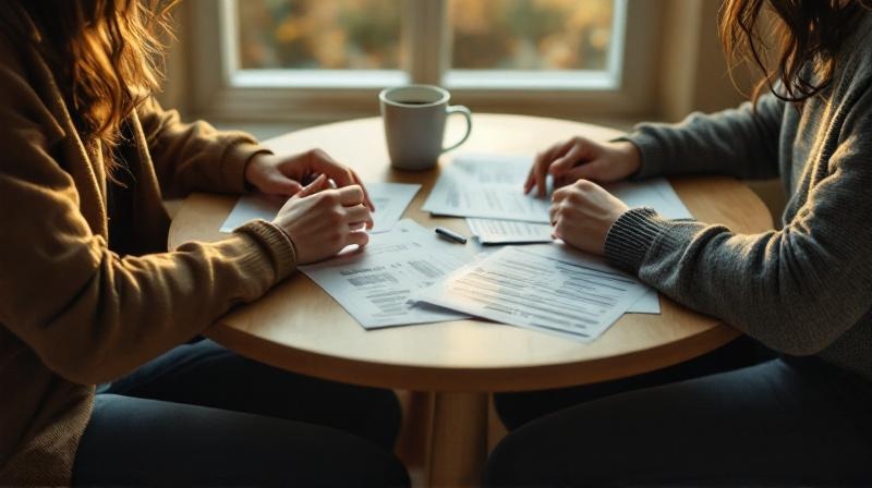 Zwei Menschen sitzen sich an einem Tisch gegenüber, dazwischen ein Laptop und Antragsunterlagen