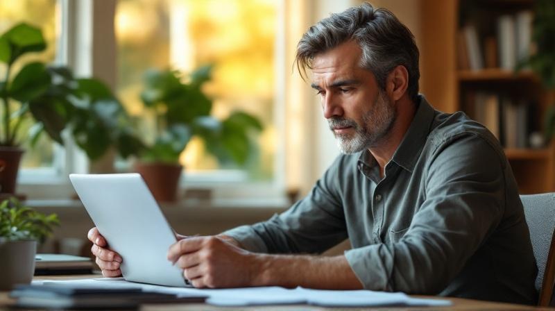 Person am Schreibtisch mit Arbeitsvertrag und AFBG-Antragsunterlagen plant Weiterbildung