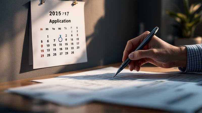 Kalender mit markiertem Datum und Antragsunterlagen, Person denkt nach