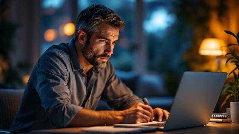 Berufstätiger mit Laptop am Abend nach Feierabend lernt für Aufstiegsfortbildung