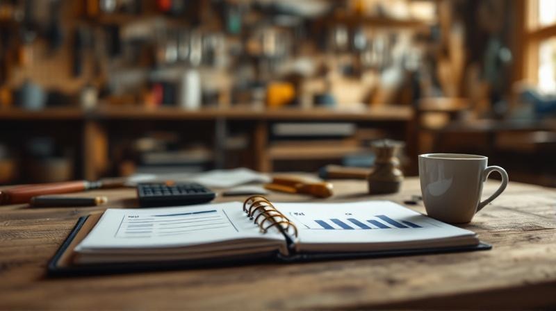 Handwerkswerkstatt im Hintergrund unscharf, im Vordergrund ein Tisch mit Taschenrechner und aufgeschlagenem Ordner mit Zahlen