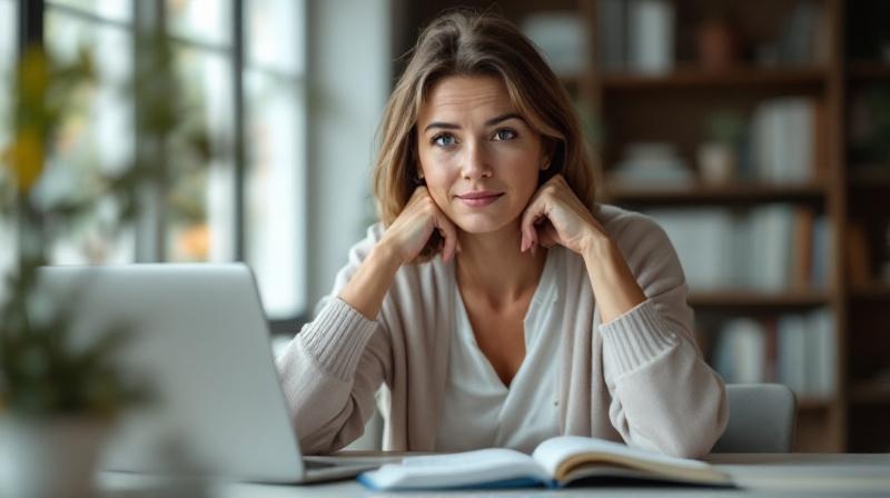Frau in Teilzeit an einem Schreibtisch mit Laptop, Lehrbüchern und einem Kalender mit Arbeitstagen