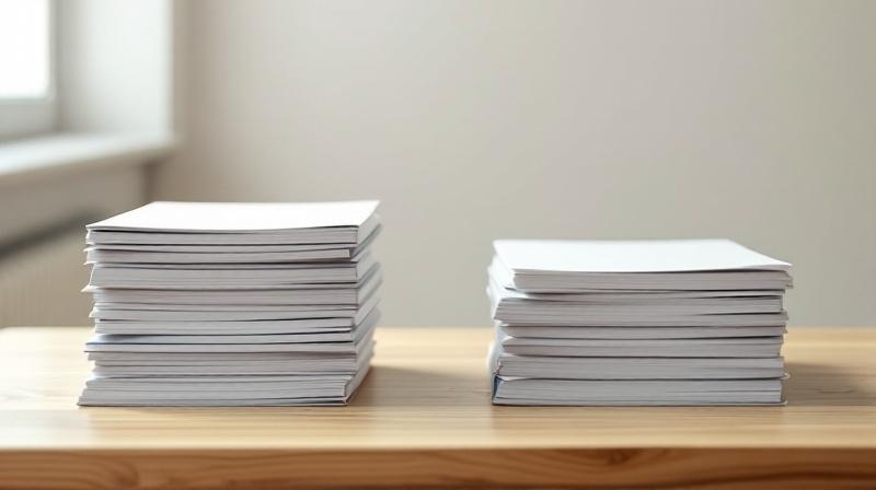 Zwei getrennte Dokumentenstapel auf einem Schreibtisch mit einer klaren Trennlinie dazwischen