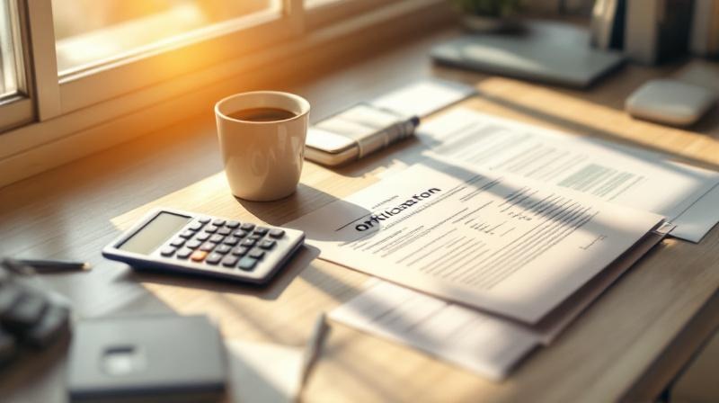 Schreibtisch mit Taschenrechner, Formularen und einer Tasse Kaffee bei warmem Licht