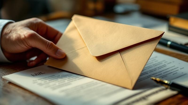 Hand hält einen Briefumschlag mit offizieller Post über einem Schreibtisch mit Notizen