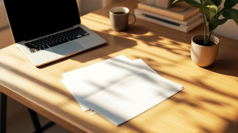 Schreibtisch mit zwei Aktenordnern, Laptop und Kaffeebecher, natürliches Seitenlicht