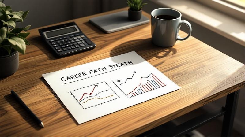 Zwei gegenübergestellte Lebenswege auf einer Tafel skizziert, mit Taschenrechner und Kaffeebecher