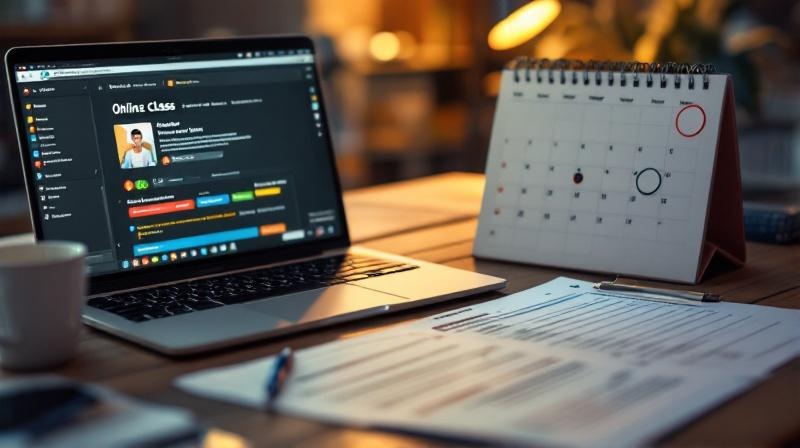 Schreibtisch mit aufgeschlagenem Kalender, Antragsformular und laufendem Kurs-Laptop