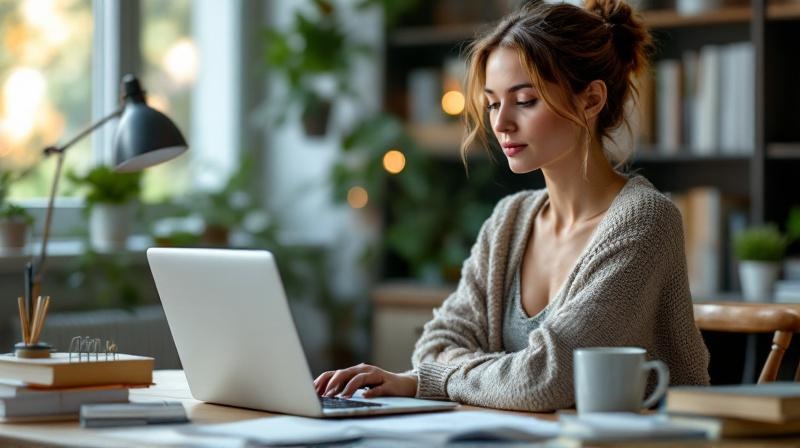 Frau mit Laptop und Terminkalender bereitet Wiedereinstieg nach Elternzeit vor