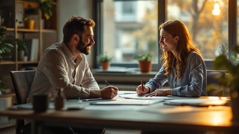 Zwei Personen im Büro bei einem Gespräch am Schreibtisch mit Dokumenten