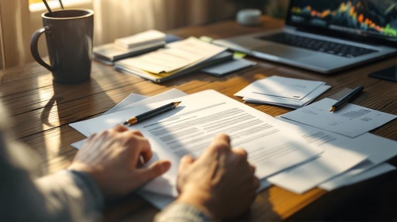 Schreibtisch mit Antragsformularen, einem Laptop und einer Tasse Kaffee, Unterlagen werden geordnet