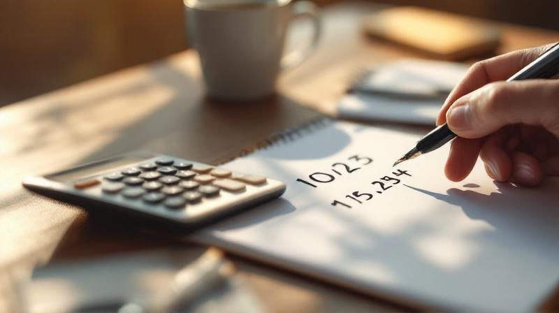 Taschenrechner und handschriftliches Notizbuch mit AFBG-Zahlen auf einem Holzschreibtisch, warmes Morgenlicht von links