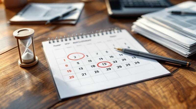 Kalender mit markierten Daten und eine Sanduhr neben Antragsunterlagen auf dem Schreibtisch