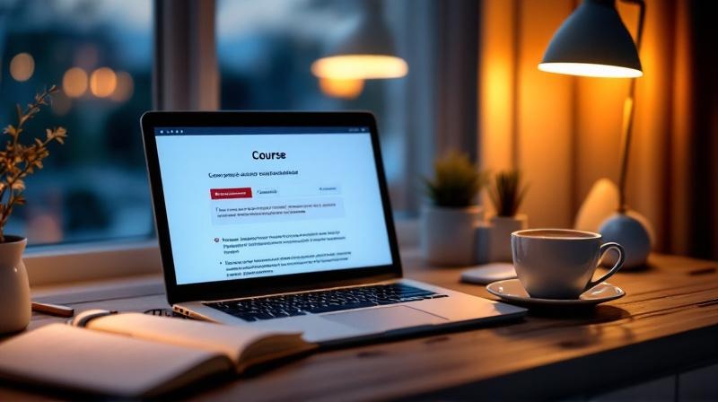 Schreibtisch mit Laptop und Feierabend-Kaffee, Blick aus dem Fenster in den Abend