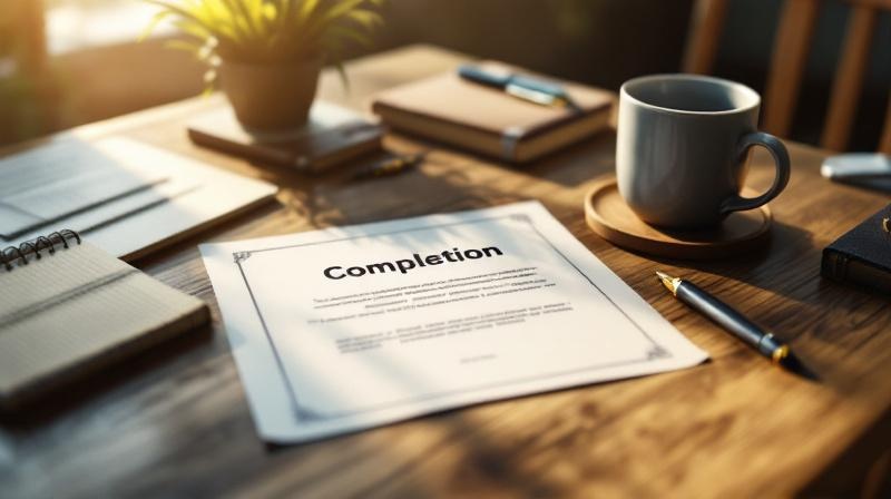 Abschlussurkunde auf einem aufgeräumten Schreibtisch, Kaffee und Notizbuch daneben