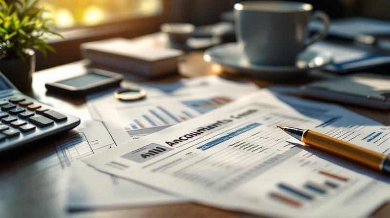 Schreibtisch mit Geschäftsberichten, Taschenrechner und Kaffeetasse, warmes Licht
