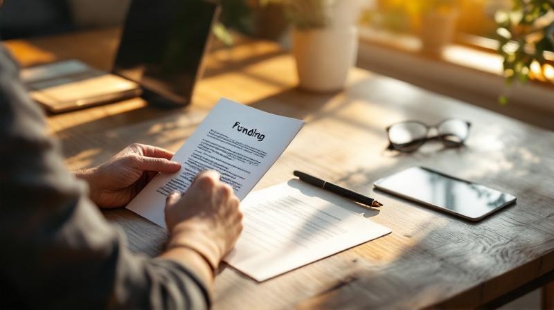 Eine Person liest sich einen Förderbescheid am Schreibtisch durch, daneben Laptop und Notizen