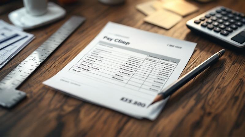 Lohnabrechnung auf einem Schreibtisch mit Lineal und Markierungen, daneben ein Taschenrechner