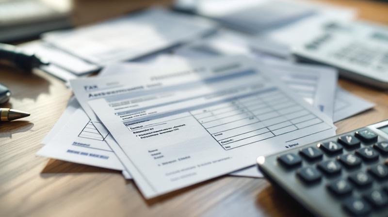 Steuerbescheide, Gehaltsabrechnungen und ein Taschenrechner auf einem Schreibtisch