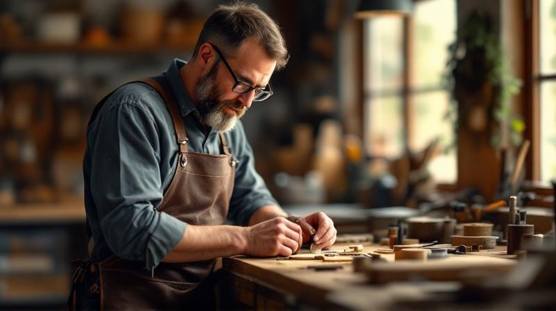 Handwerksmeister in seiner eigenen Werkstatt, prüft ein Werkstück im Vordergrund