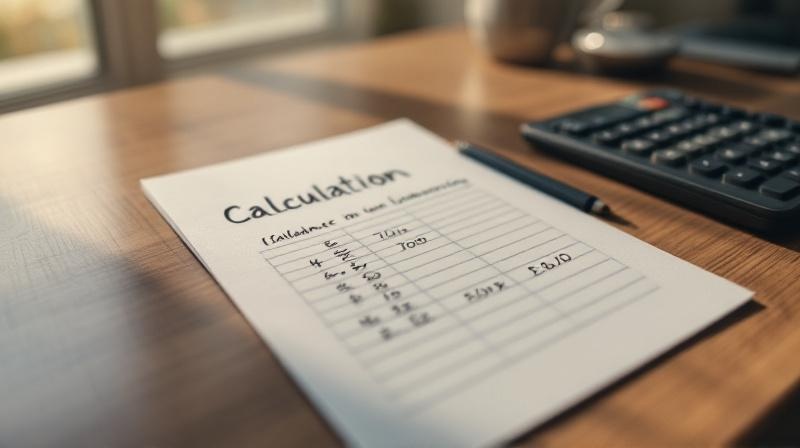 Notizblock mit handschriftlicher Rechnung in Spalten und Taschenrechner auf einem Schreibtisch