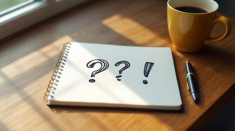 Frage- und Ausrufezeichen auf einem Notizblock, daneben eine Tasse Kaffee und ein Füller