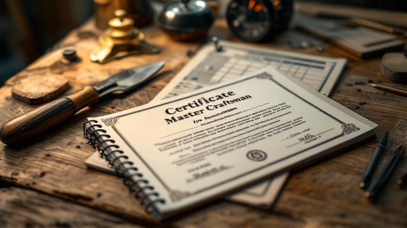 Meisterbrief und Werkzeuge auf einer Werkbank, gedämpftes Werkstattlicht