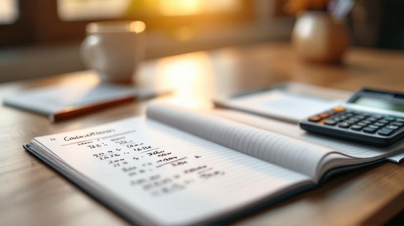 Notizblock mit Zahlenrechnung und Taschenrechner auf einem Holzschreibtisch