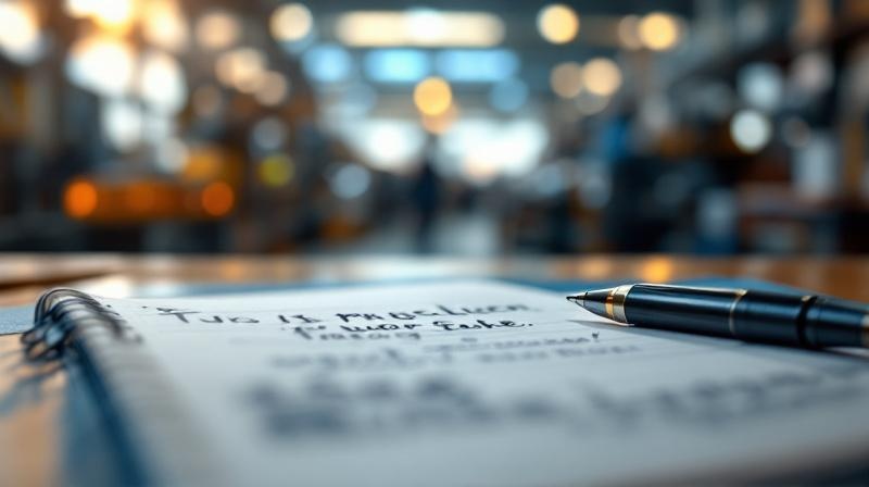 Moderne Industriehalle mit Maschinen im Hintergrund, aufgeschlagenes Notizbuch im Vordergrund