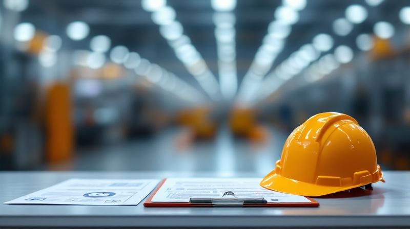Produktionshalle mit technischen Anlagen im Hintergrund, Unterlagen und Schutzhelm im Vordergrund