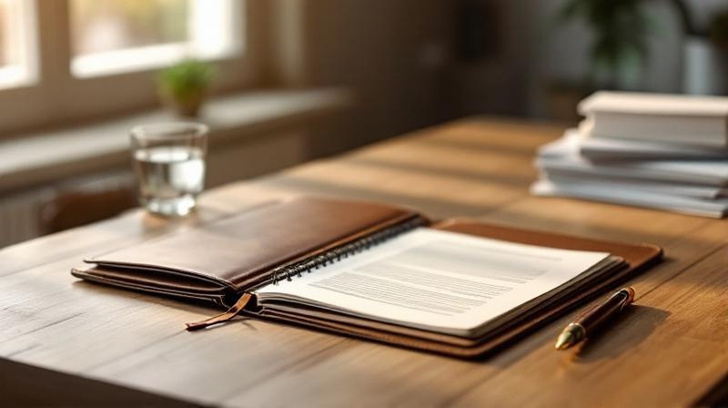 Vertragsmappe mit Füller auf einem Holztisch, daneben ein Glas Wasser und ein Stapel Dokumente