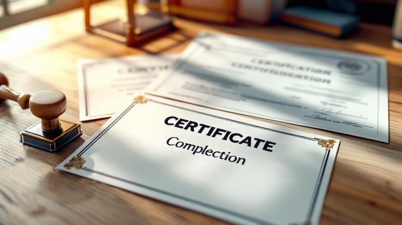 Zertifikate und ein Kurszeugnis auf dem Schreibtisch, Stempel daneben
