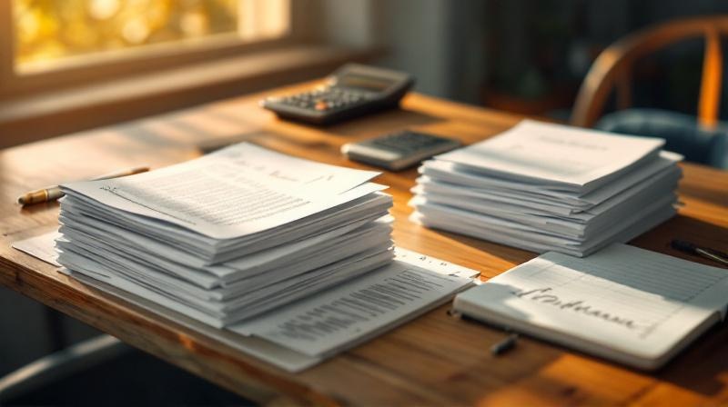 Zwei Stapel Geldscheine und ein Taschenrechner auf einem Schreibtisch, daneben ein handschriftlich beschriftetes Notizbuch