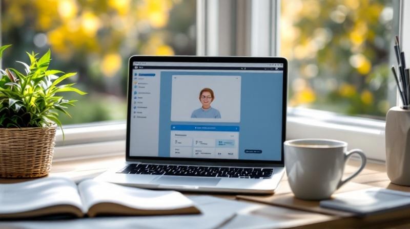 Laptop mit Online-Kurs und aufgeklapptes Notizbuch am Fensterplatz, Morgenlicht