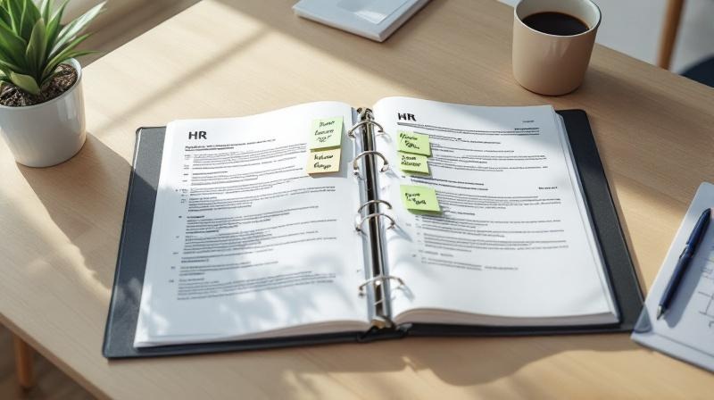 Offene Personalakte mit Notizen auf einem hellen Holztisch