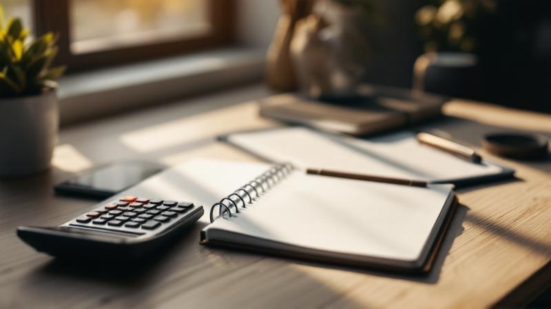 Schreibtisch mit Notizblock, Taschenrechner und geöffnetem Ordner im warmen Licht