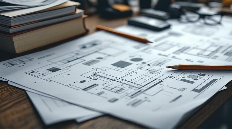 Technische Fachbücher und Zeichnungen auf einem Werkstatttisch, Licht von oben