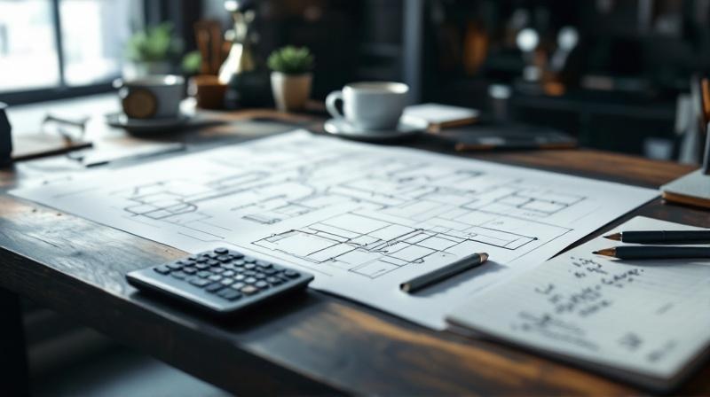 Arbeitsunterlagen auf einem Werkstattschreibtisch, technische Zeichnung und Taschenrechner