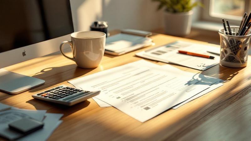 Schreibtisch mit Dokumenten, Taschenrechner und Kaffeebecher in warmem Seitenlicht