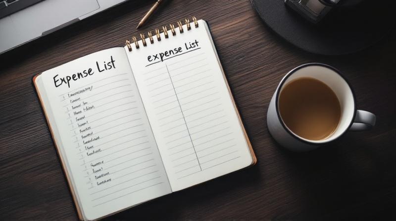 Aufgeschlagenes Notizbuch mit monatlicher Kostenaufstellung, daneben ein leerer Kaffeebecher